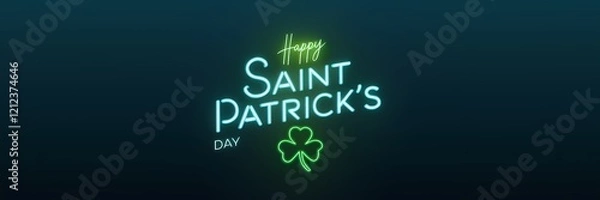 Fototapeta A creative minimalist Saint Patrick's Day poster with a neon theme. The text "Happy Saint Patrick's Day" is written in a bold, cursive font. Below the text, there is a green shamrock. 