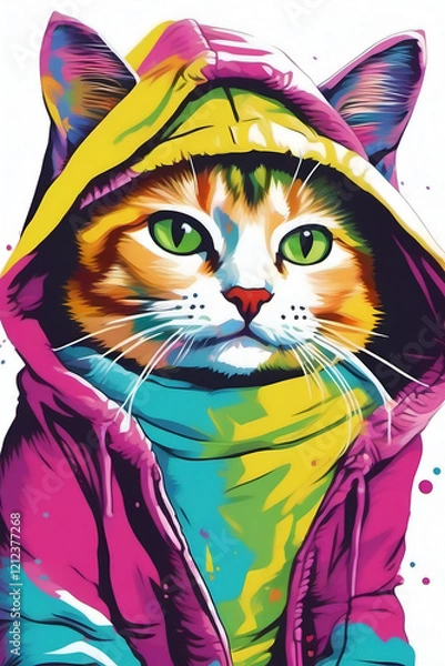 Fototapeta Green-eyed ginger cat in a hood, modern bright multicolored pop art illustration