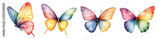 Fototapeta cute tiny animal and clipart concept. Colorful butterflies in a row against a dark background, showcasing vibrant hues and delicate wings. on Transparent background.