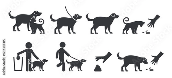Fototapeta Bundle set icon sign pets, dog, leash, clean after, do not feed dog and cat, fot safety label