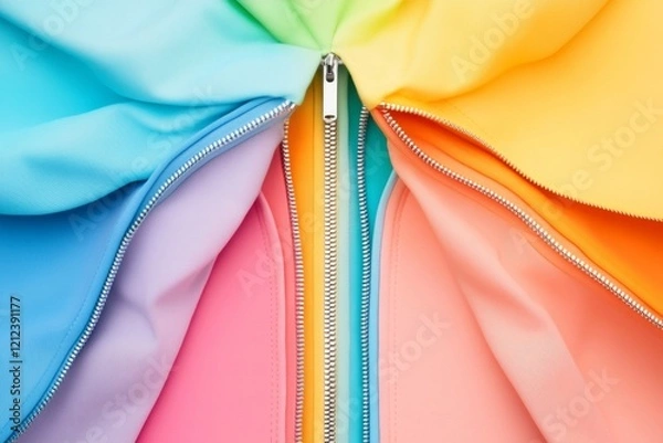 Fototapeta A flat vector illustration of a zipper unzipping to reveal a gradient blend of pastel colors, creating a calming aesthetic