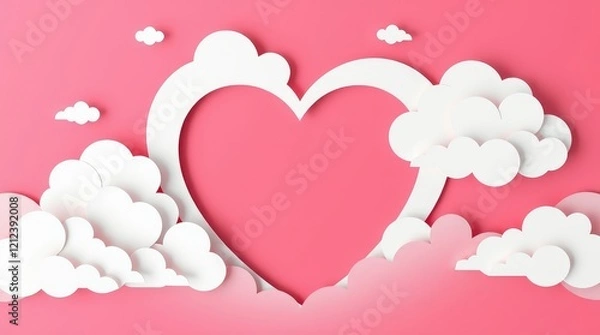Fototapeta  Pink background vector illustration in paper cut style, featuring white clouds inside a white heart frame, soft light, dreamy atmosphere, rich burgundy space for text 