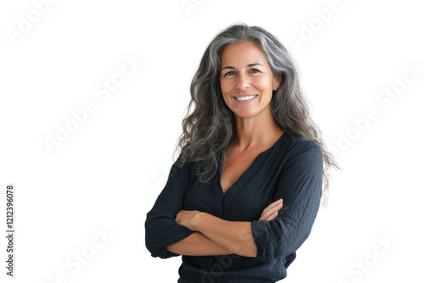 Obraz Portrait of 50 years old smiling woman looking at camera with crossed arms. Happy girl standing in creative office. Successful businesswoman standing in white background	