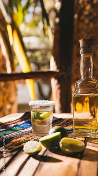Fototapeta The ritual of tequila tasting in a sunlit room, with a hand reaching for a salt-rimmed glass beside a tequila bottle on a rustic wooden table adorned with colorful textiles, lime halves