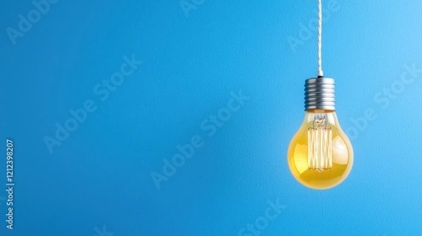 Fototapeta Glowing lightbulb hanging against blue background; idea concept, website banner