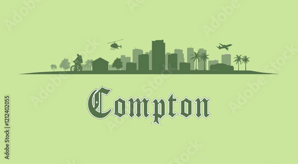 Fototapeta Compton, Los Ángeles en California, Estados Unidos. Skyline, paisaje urbano del barrio en diseño gráfico vectorial. Fuente gótica, diseño de silueta negra. 