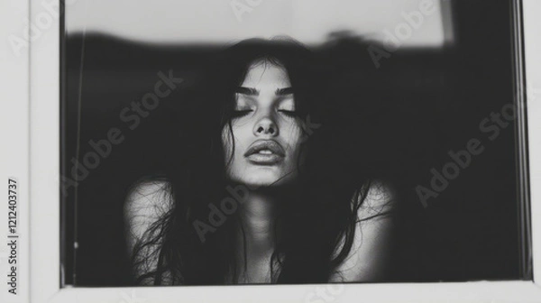 Fototapeta poignant black and white photograph of woman with long hair, gazing thoughtfully through window, evoking sense of introspection and emotion