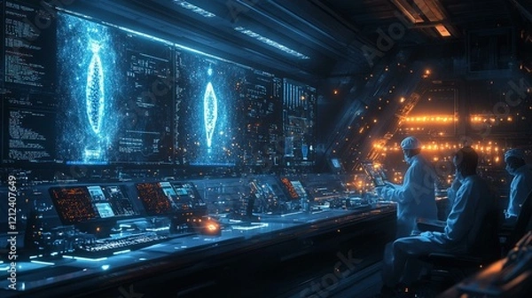 Fototapeta A futuristic lab where scientists are analyzing biological samples using bioinformatics and artificial intelligence tools. 343
