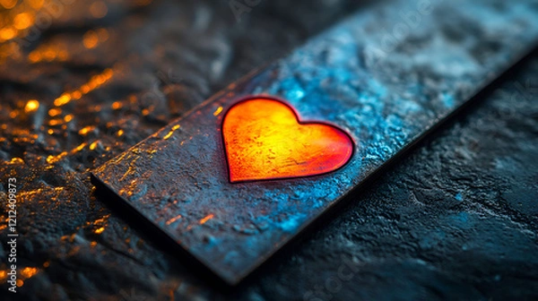 Fototapeta A glowing heart on a smartphone screen shows love, technology, warmth, emotion, fire, and connection