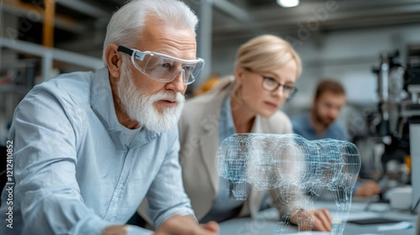 Obraz Team leaders studying holographic map in modern workspace, showcasing advanced technology and collaboration. atmosphere is focused and innovative