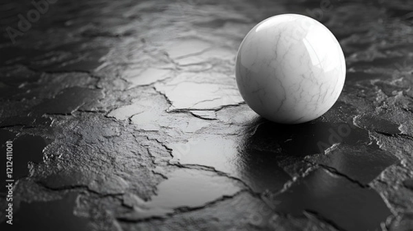 Fototapeta 
A shiny, white ball sits on a dark, patterned surface, reflecting light from below