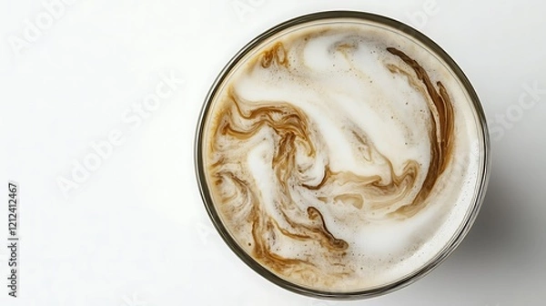 Fototapeta A glass of iced coffee with visible milk swirls, top view, on a white background, minimalistic style 