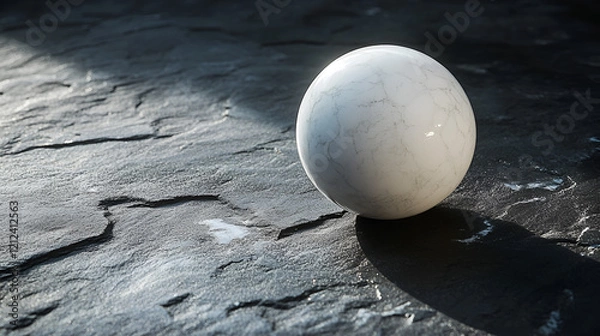 Fototapeta 
A shiny, white ball sits on a dark, patterned surface, reflecting light from below