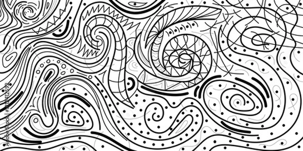 Fototapeta Doodle abstract chaotic lines and dots background in black and white colours. Hand drawn colorful vector illustration for banners, wallpaper, textile, wrapping. Editable stroke	