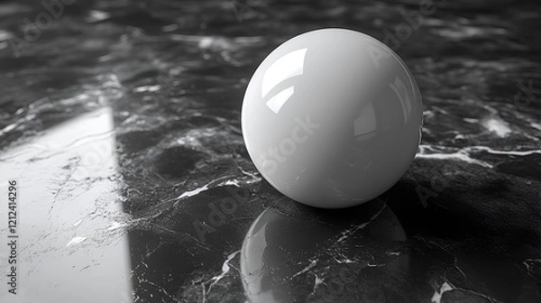 Fototapeta 
A shiny, white ball sits on a dark, patterned surface, reflecting light from below