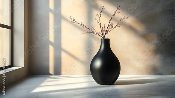 Fototapeta A round black vase with flowers sits by a bright window, casting soft shadows
