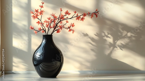 Fototapeta A round black vase with flowers sits by a bright window, casting soft shadows