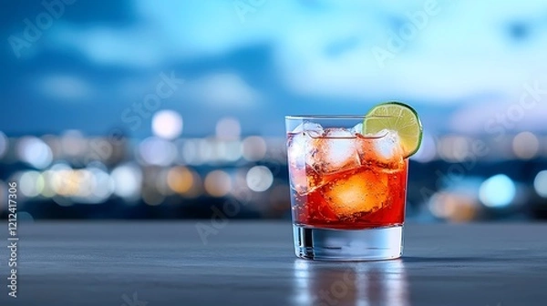 Fototapeta Red cocktail in rocks glass with ice and lime wedge, city lights bokeh background.
