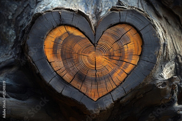 Fototapeta A heart shape is intricately carved into the surface of a wooden log, revealing the beautiful patterns and textures of the tree rings. The warm tones enhance the natural beauty.