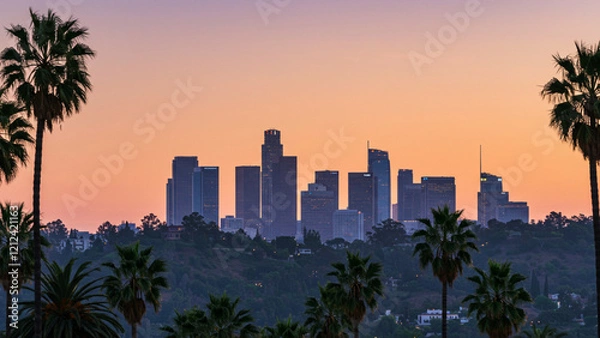 Fototapeta Los Angeles skyline with palm trees in the foreground