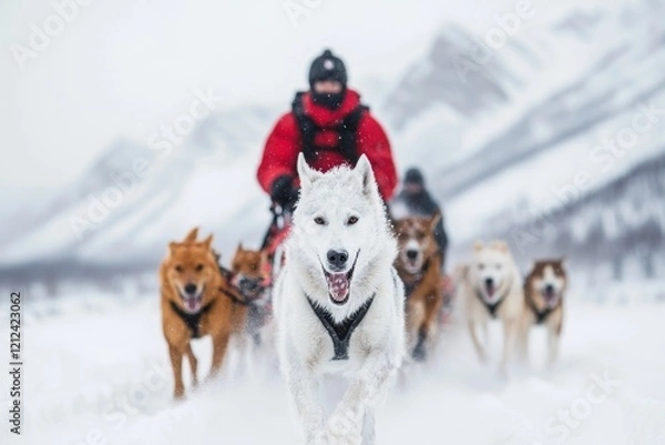 Fototapeta A Yukon dog sled team racing across a snowy trail, with the musher bundled up against the cold