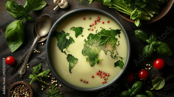 Fototapeta A creative soup featuring a detailed world map crafted from fresh herbs.