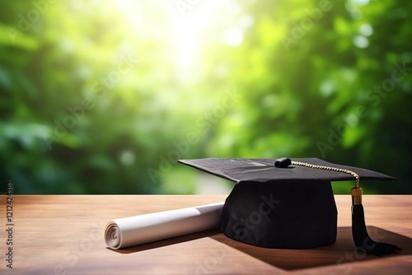 Obraz Graduation cap and diploma sitting on a wooden table with a blurred green background representing academic success