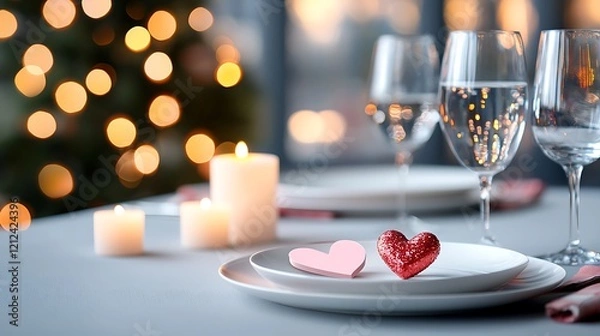 Fototapeta Romantic dinner table setting with candles, hearts, and wine glasses.