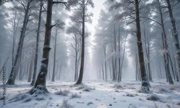 Fototapeta Tall trees standing frozen in time amidst a blanket of snow and frost, frozen, frost