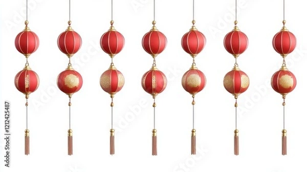 Fototapeta Traditional chinese lanterns hanging vertically decorative display festive atmosphere white background artistic viewpoint