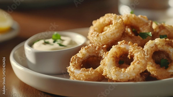 Fototapeta A plate of crispy fried calamari served with a dipping sauce and garnished with herbs.