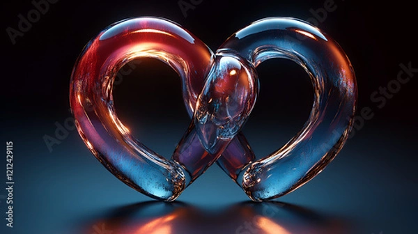 Fototapeta Two shiny, metallic hearts connected, reflecting warm and cool light on a dark surface