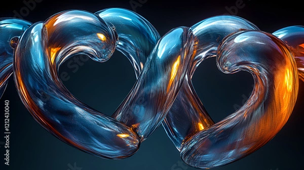 Fototapeta Two shiny, metallic hearts connected, reflecting warm and cool light on a dark surface