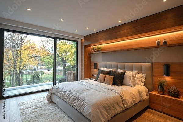 Fototapeta Modern bedroom design featuring a wall-mounted headboard and smart high fidelity features urban setting interior cozy atmosphere