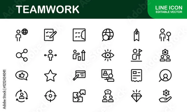 Fototapeta Modern Teamwork Icon Set. Professional and Minimalist Vectors for Collaboration, Team Building, and Office Projects in Outline Style.