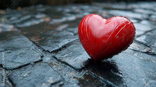 Fototapeta A red heart-shaped balloon lying on the floor