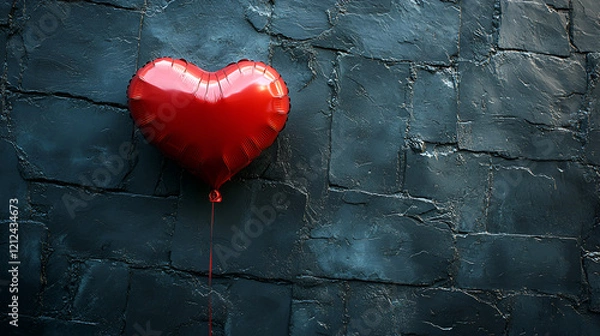 Fototapeta Red heart balloon on dark stone wall, showing love, softness, and strong feelings in contrast