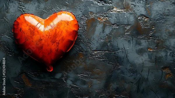 Fototapeta Red heart balloon on dark stone wall, showing love, softness, and strong feelings in contrast