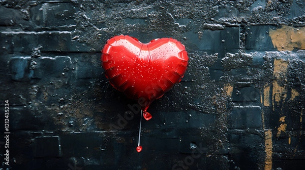 Fototapeta Red heart balloon on dark stone wall, showing love, softness, and strong feelings in contrast