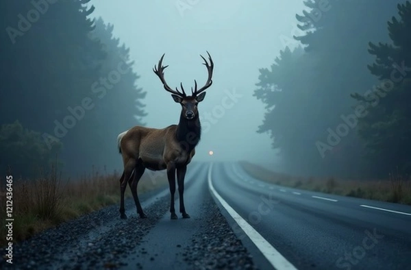 Obraz A deer stands on the road and prevents cars from passing at night. The headlights of an approaching car are visible in the background. An animal on the road.