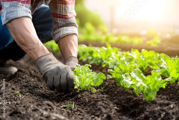 Obraz farmer tending to fresh green lettuce in garden, showcasing dedication and hard work. sunlight enhances vibrant colors of plants