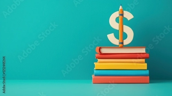 Fototapeta A stack of colorful books with a dollar sign and pencil placed on top, symbolizing financial knowledge and education.