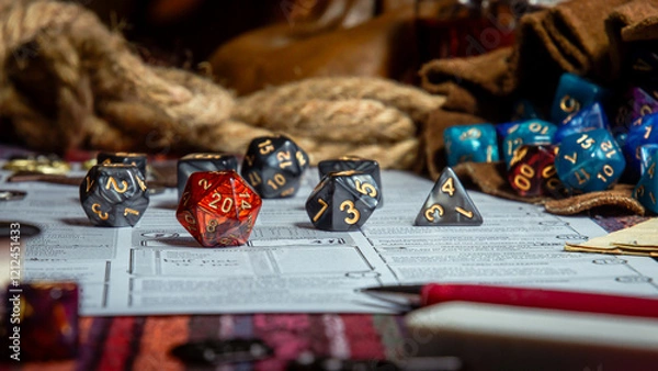 Fototapeta Roleplaying Game Dice And Character Sheets On Table