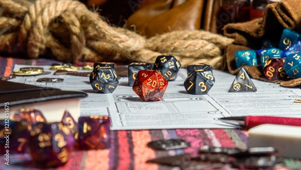 Fototapeta Table top view of Roleplaying Game Dice And Character Sheets
