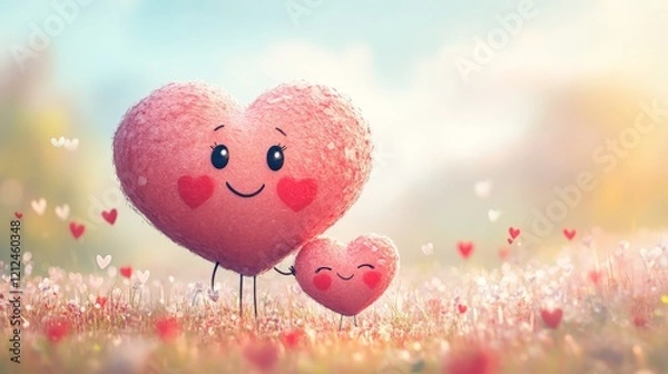 Obraz A smiling cartoon heart holding a smaller heart, perfect for Valentine's Day cards, romantic content, and children's designs.