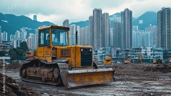 Fototapeta A yellow excavator working on a city construction site with skyscrapers in the backdrop. Ideal for urban development and industrial-themed projects.