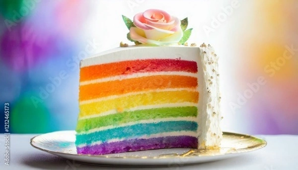 Fototapeta A slice of cake with rainbow colors and layers. Close-up of a sweet delicious piece on a plate, colorful stripes with every layer matching a color of the rainbow. White cream as icing and frosting.