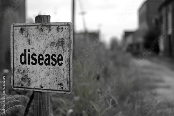 Fototapeta A weathered sign with the word "disease" displayed prominently in a desolate and blurred architectural background depicting urban decay
