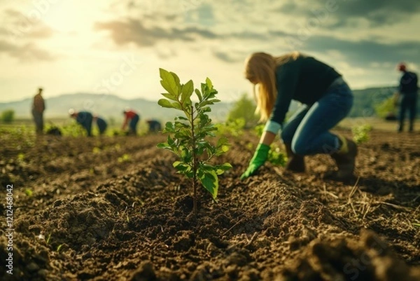 Fototapeta Tree Planting Effort, People Working Outdoors to Reforestation with Sapling Generated AI