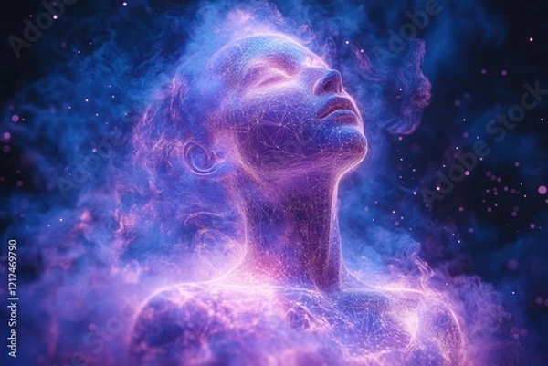 Fototapeta a luminous human silhouette emanating ethereal waves of bio-electromagnetic energy, rendered in iridescent blues and purples, with sacred geometry patterns floating in a mystical atmosphere